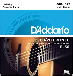 Струны для акустической гитары D`Addario EJ36 BRONZE 80/20 - Струны для акустической 12-струнной гитары бронза 12-srt Light 10-47  - фото 1