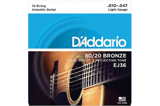 Струны для акустической гитары D`Addario EJ36 BRONZE 80/20 - Струны для акустической 12-струнной гитары бронза 12-srt Light 10-47  - фото 1