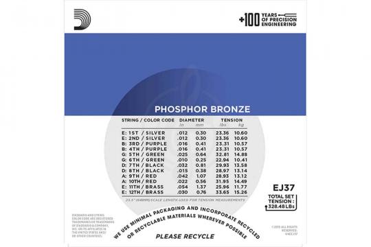 D'Addario EJ37 Phosphor Bronze - Комплект струн для 12-струнной гитары - фото 3 Струны для акустической гитары D'Addario EJ37 Phosphor Bronze - Комплект струн для 12-струнной гитары - фото 3